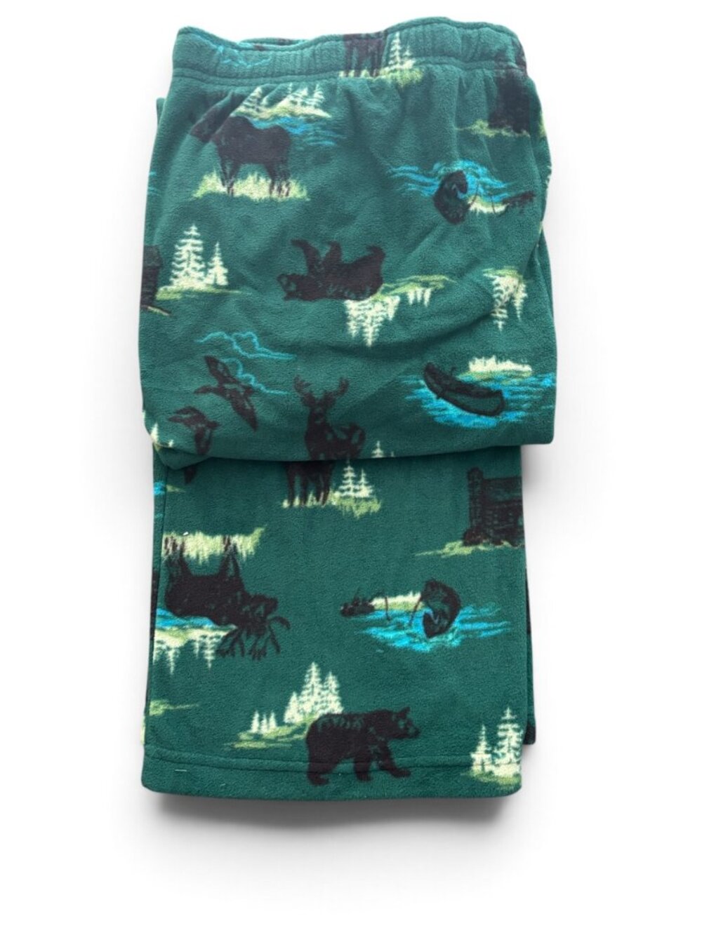NWT Men’s Green Fleece Pajama Pants Outdoor Wildlife Bear Moose Fishing Print